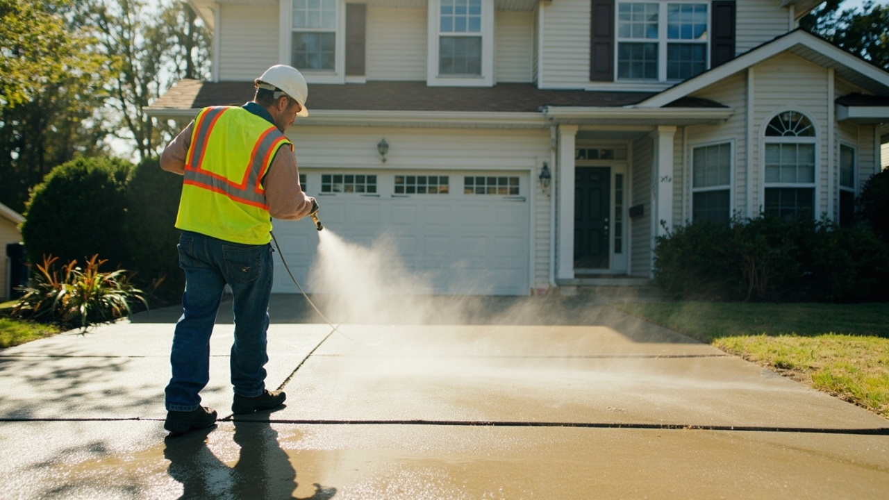 Professional pressure washing in action