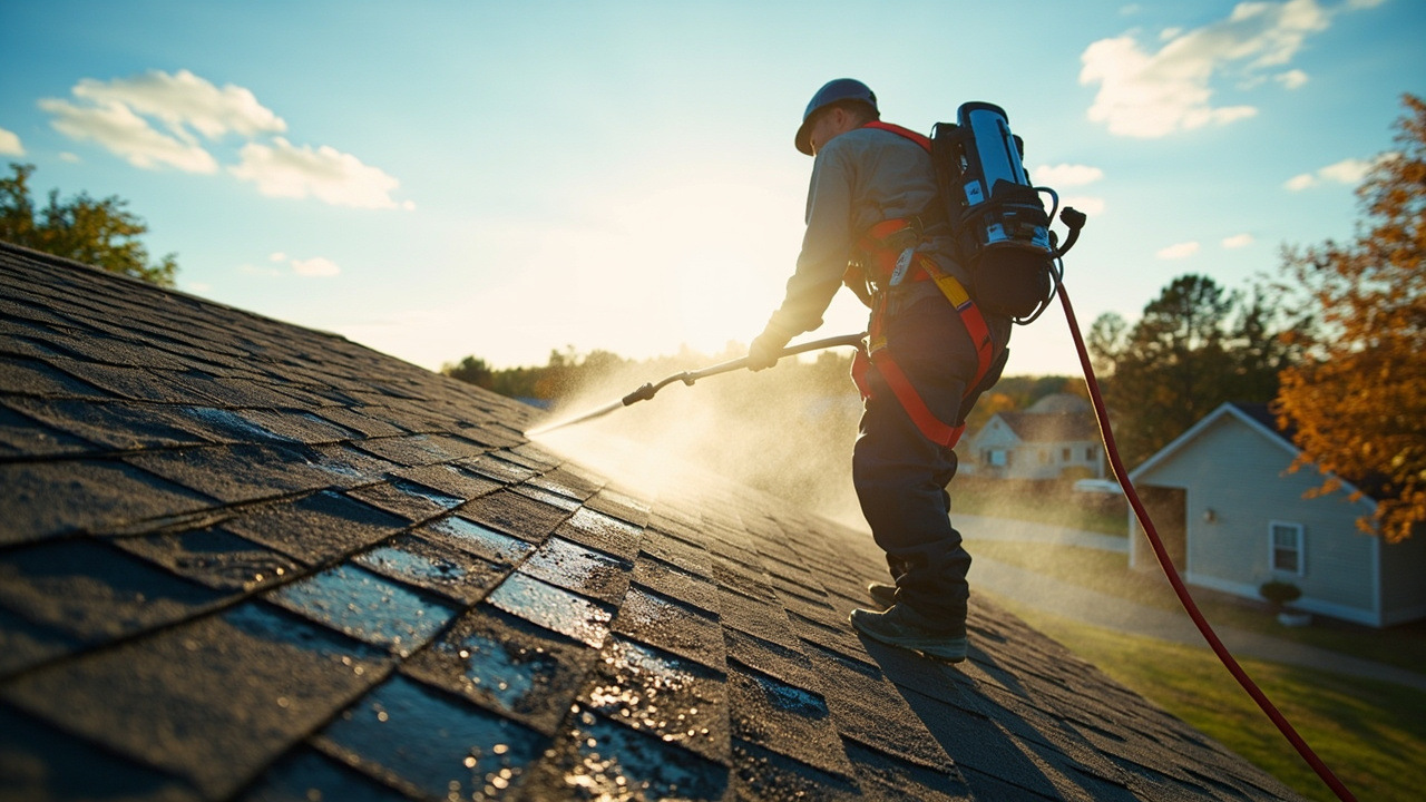 Professional roof cleaning in progress